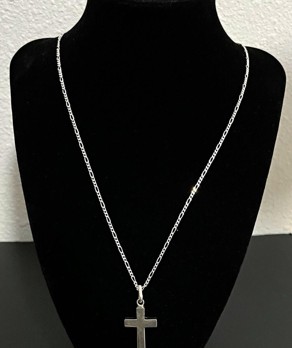 Silver Tone Cable Chain Necklace Cross Pendant Religious Lobster 24 in No Stone